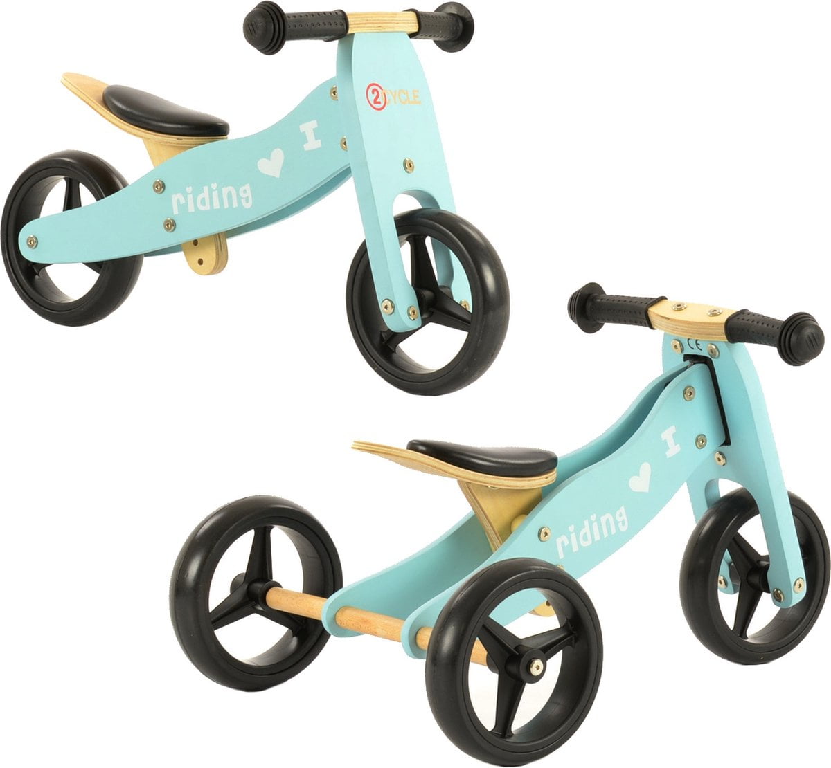 2Cycle 2 in 1 Loopfiets/Driewieler - Hout - Jongens en Meisjes - 1 Jaar - Speelgoed - Turquoise (8718836677212)