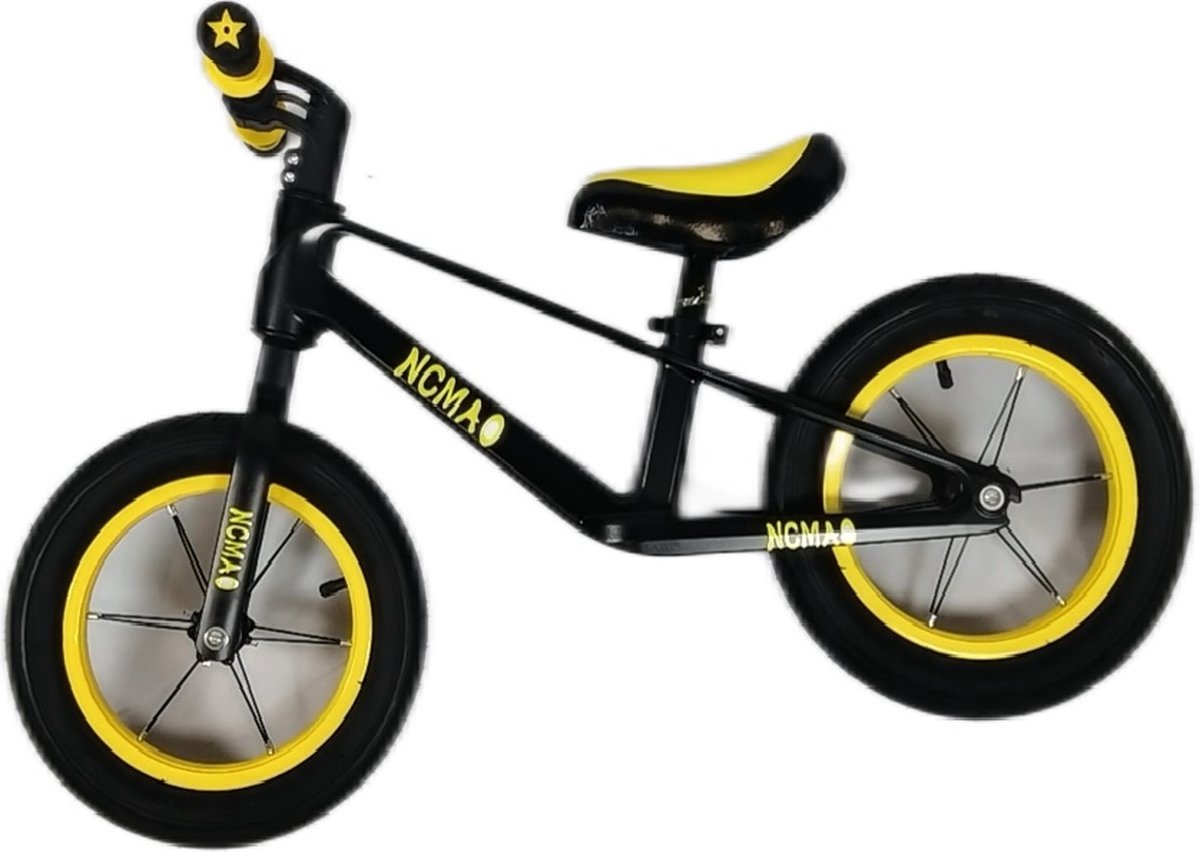 Loopfiets - kindersportbalans fiets - Fiets zonder pedaal - competitieve kindersportbalans fiets - 12 inch - voor kinderen van 2 3 4 5 6 7 jaar voor jongens en meisjes - Verstelbare stoel - Luchtbanden - Comfortabel en zeer licht - Zwart en Geel (0751127204801)