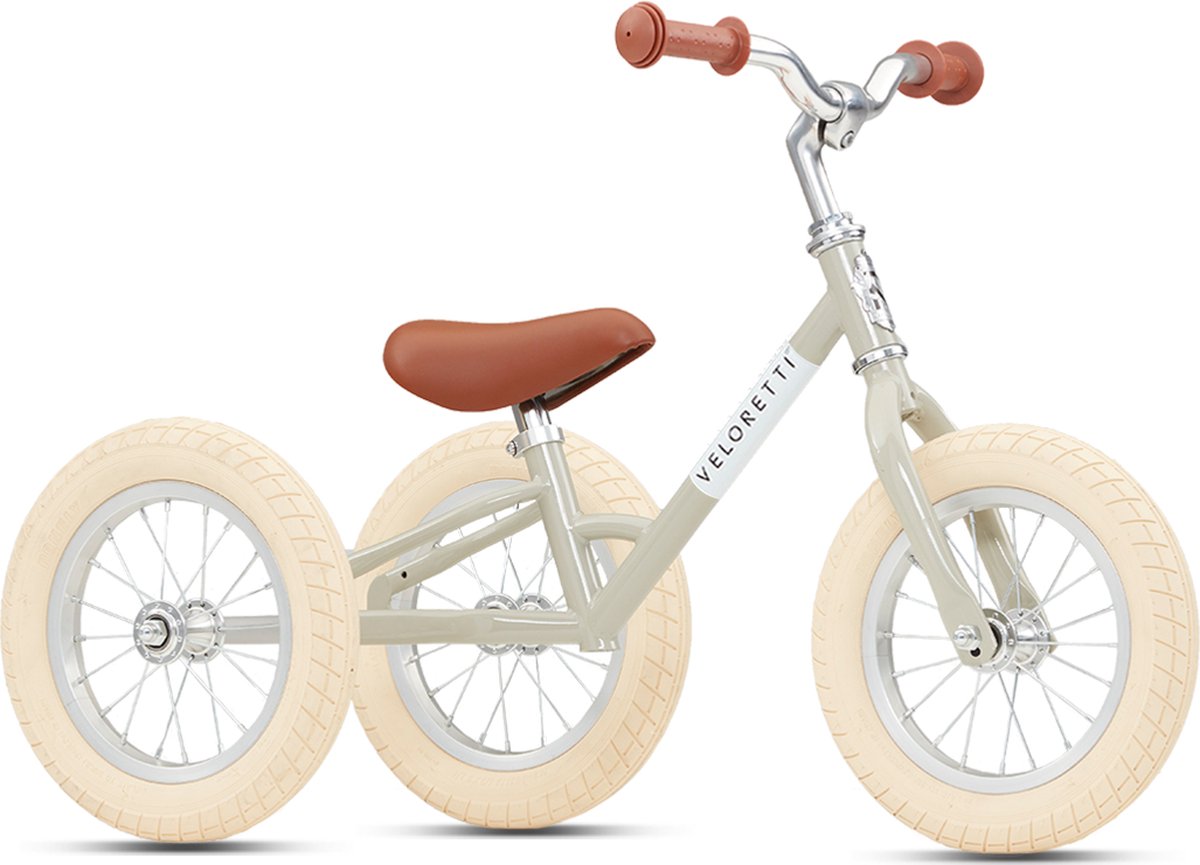 Veloretti Driewieler 2 in 1 Loopfiets met zijwieltjes - 1.5 t/m 4 jaar - 12 inch - Grijs / Beige (6011656526541)