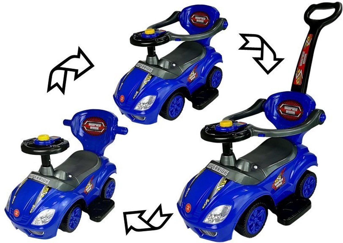 Mega Car 3 in 1 loopauto met duwstang - Groeit mee met je kind - Blauw (5907625588492)