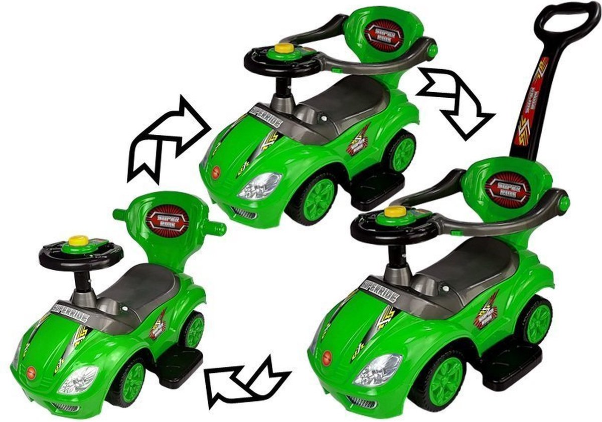 Mega Car 3 in 1 loopauto met duwstang - Groeit mee met je kind - Groen (5908275994770)