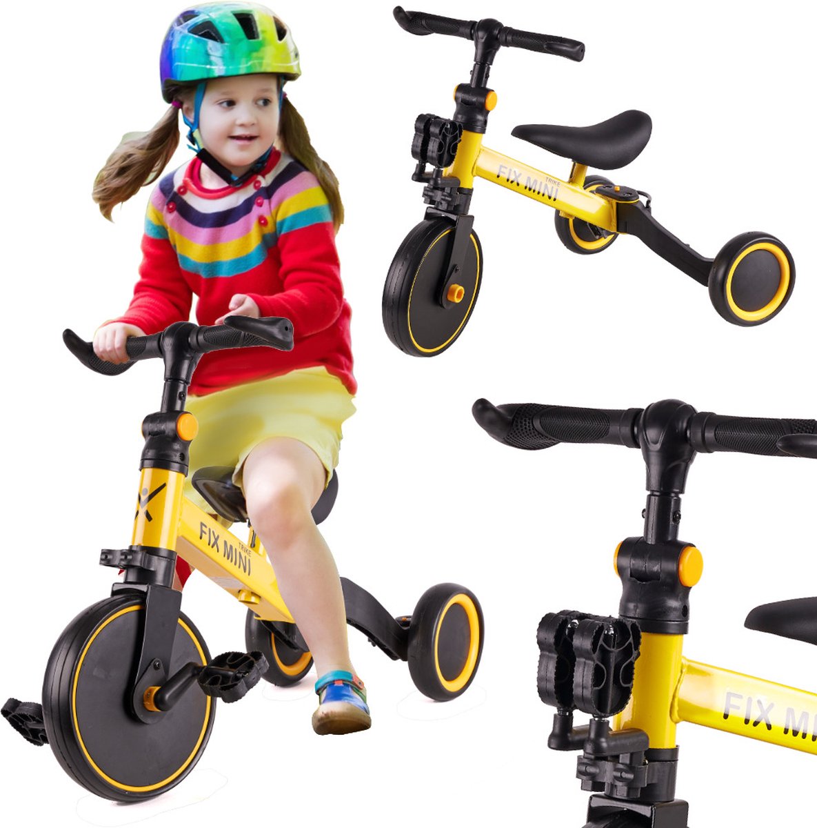 Fix Mini 3 in 1 driewieler trike met pedalen - tot 30kg - van 1,5 - 4 jaar oud - geel zwart - loopfiets - goed voor de ontwikkeling - aluminium frame (5903039729568)