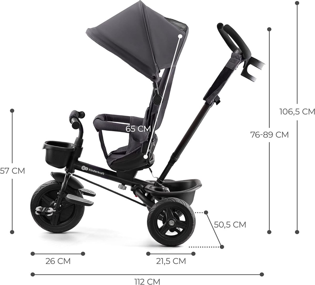 driewieler van 9 maanden tot 25 kg, kinderdriewieler met duwstang, compact opvouwbaar, draaibare zitting, uitklapbare hoes met zonwering, bekerhoudermand in set, grijs (7595980249257)