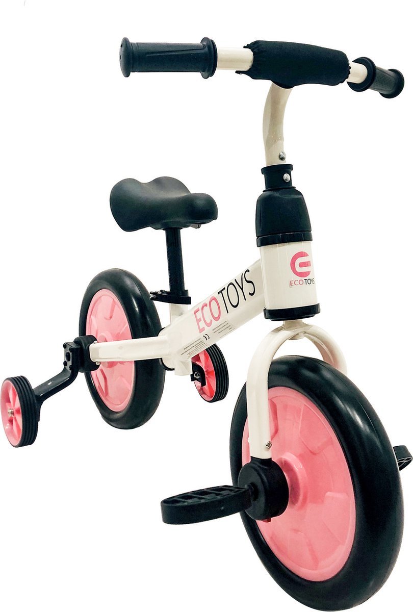 Loopfiets kinderfiets - met zijwieltjes - 12 inch - wit roze (8720602808409)