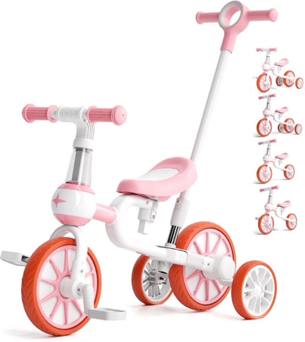 Loopfiets Met Duwstang - Verstelbare Loopfiets - 5in1 Kinderloopfiets - Vierwieler - 1 tot 4 Jaar - Balance Bike - Duwstang Verstelbaar 80 tot 95cm - Roze (8721022417363)