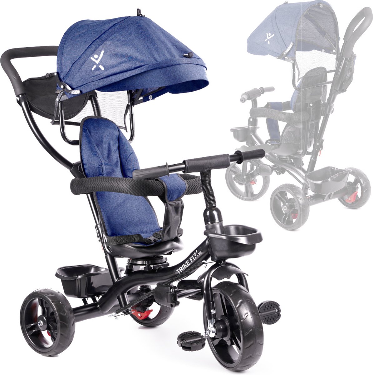 Playos® - Driewieler Duwfiets - Blauw - tot 50 kg - Draaibare Stoel - Zonnescherm - 1 tot 5 jaar - Multifunctioneel - Kinderwagen - Tricycle - Fiets met Duwstang (8721022052298)