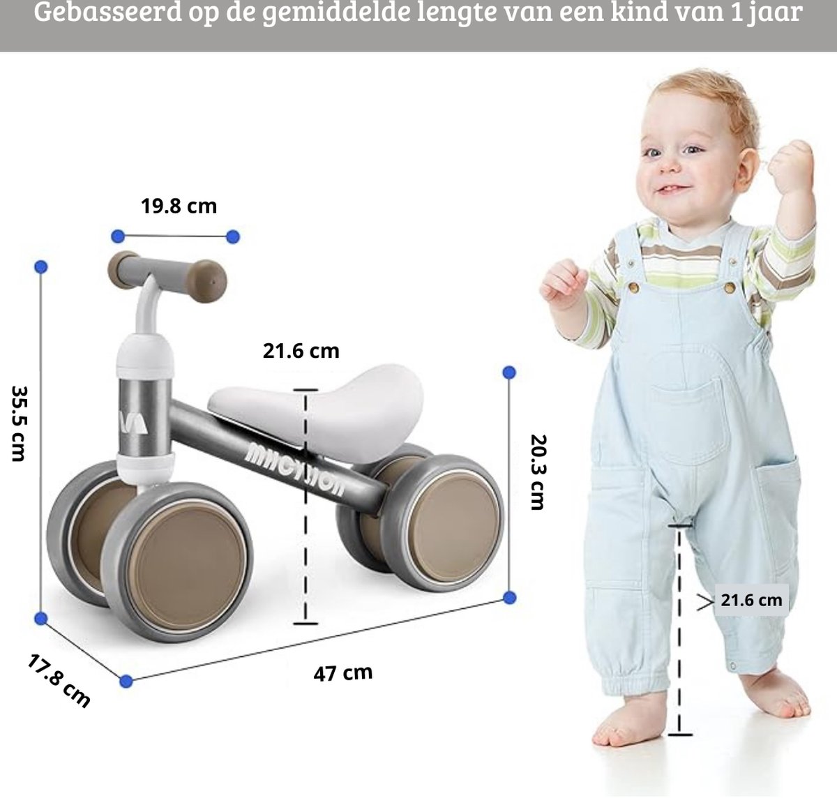 Loopfiets - 1 jaar - Speelgoed Kinderen - 4 wielen - 1-4 jaar - Jongens en Meisjes - Binnen en Buiten - Balans - Nieuw Design - Zilver (8721122410370)