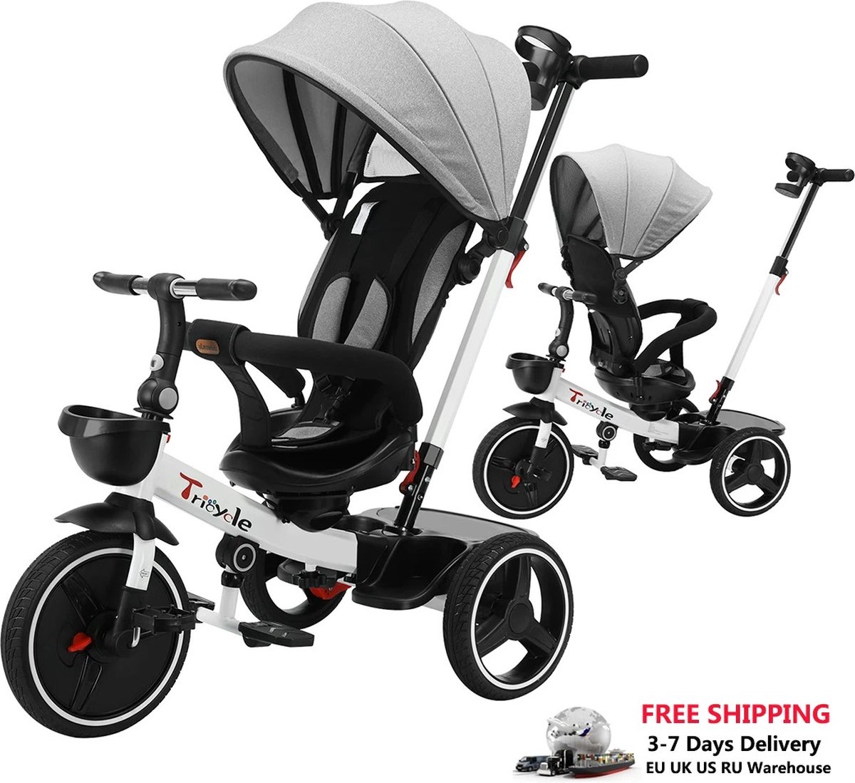 X-Qlusive Ubravoo Kinderwagen Driewieler Fiets -360 Graden Rotatie - Zitten En Liggen - 1-5 Jaar - Grijs/Wit/Zwart (6150536687689)