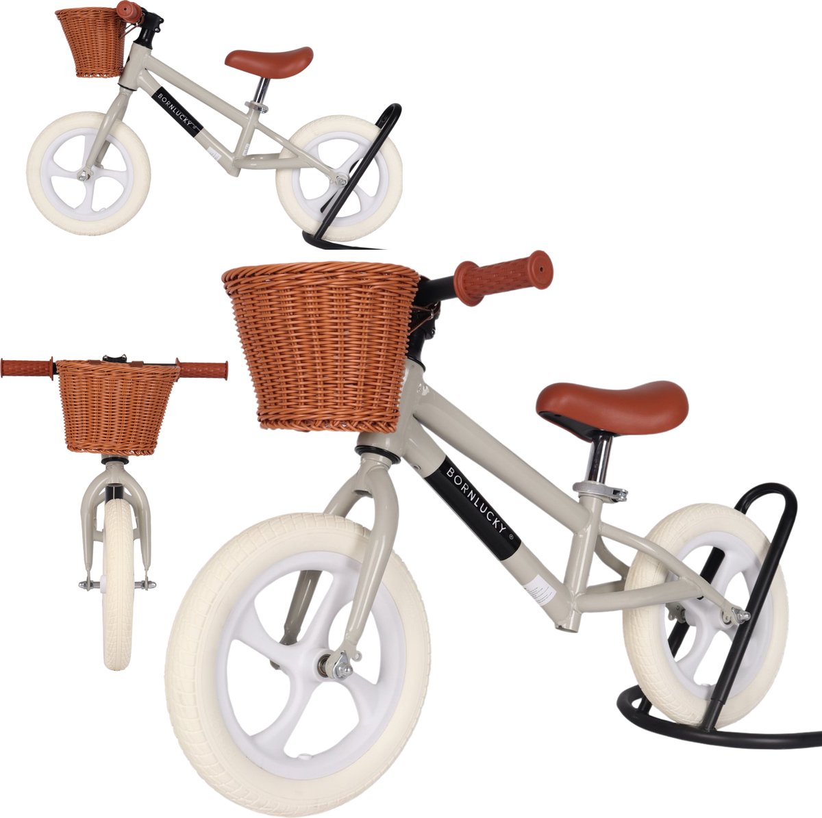 Born Lucky Loopfiets / Balance Bike Verstelbaar Zadel & Mand - Olive (8720289205843)