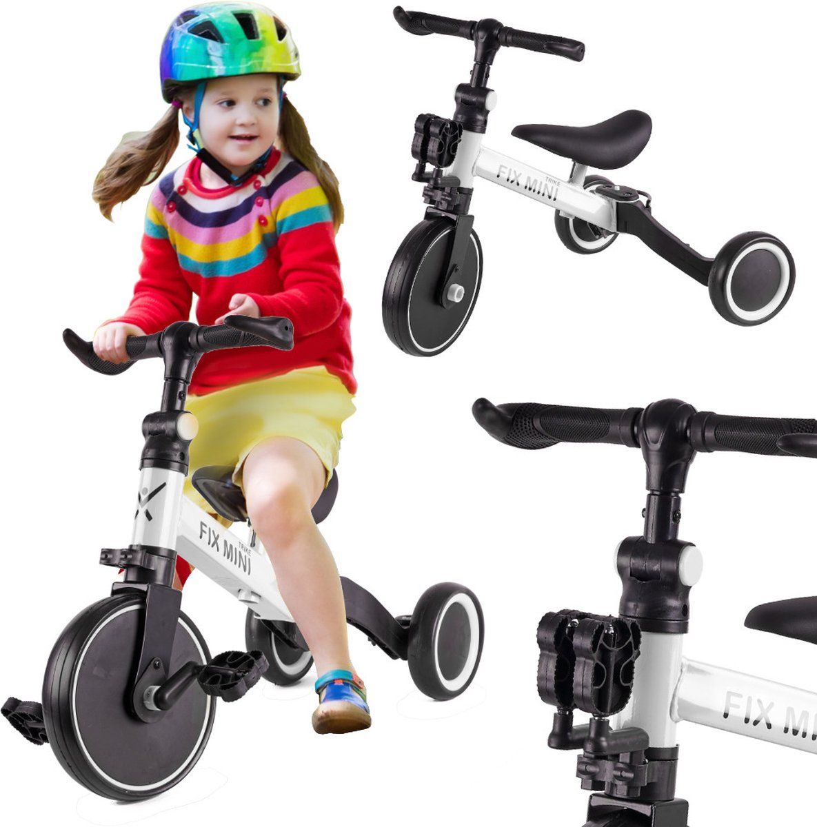 Fix Mini - 3 in 1 Driewieler - trike met pedalen - tot 30kg - van 1,5 - 4 jaar oud - wit / zwart - aluminium frame - Loopfiets (5903039729551)