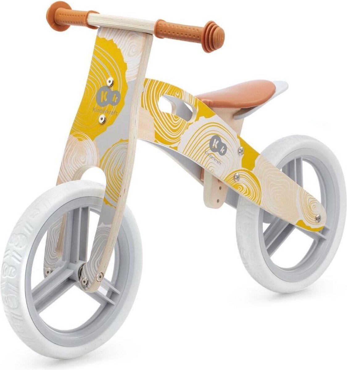 Kinderkraft RUNNER - Houten loopfiets - 12 inch wielen - Bel, tas - Geel (5902533917037)