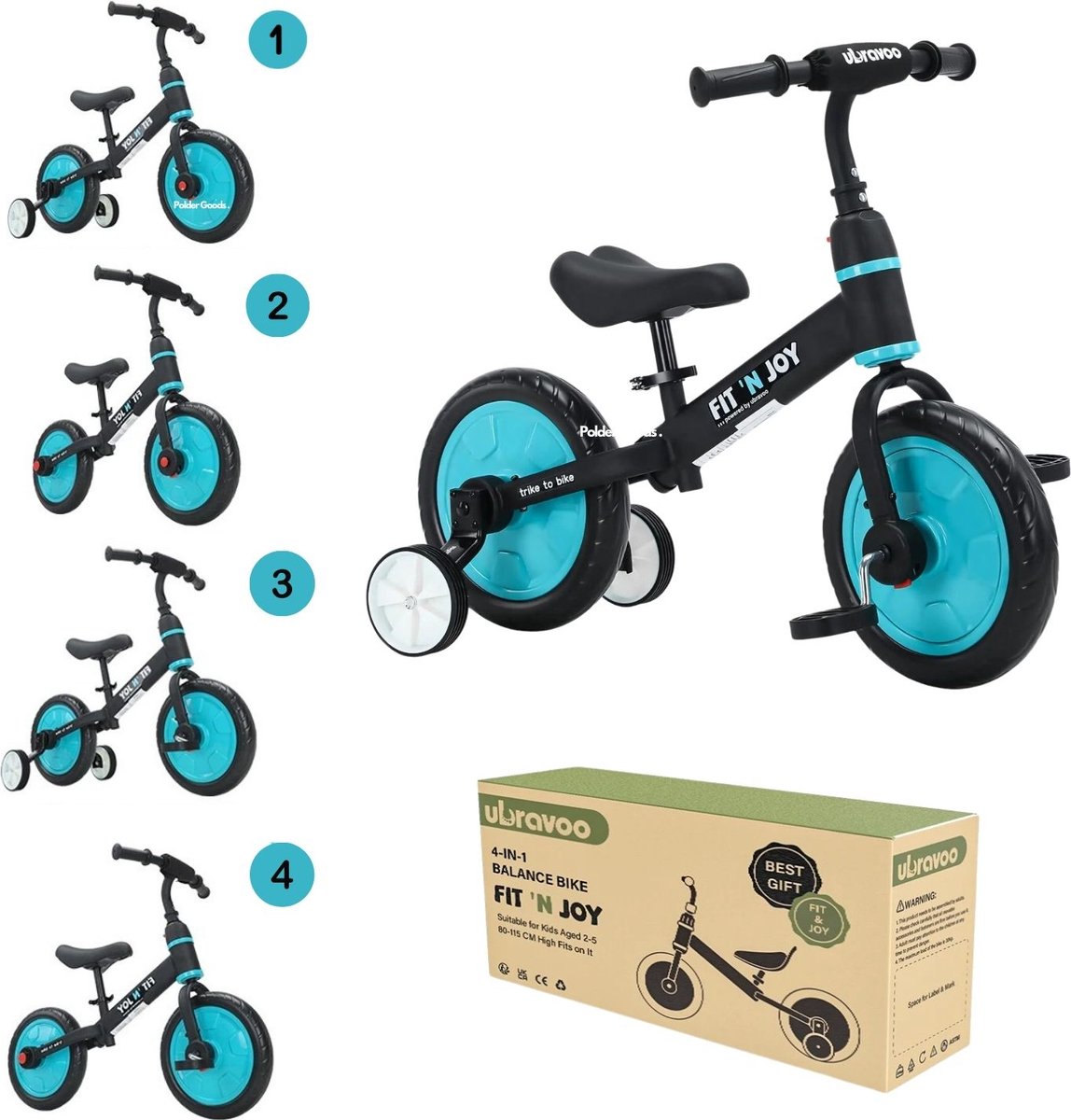 PolderGoods - 4 in 1 Loopfiets jongens 2 jaar tot 5 jaar- peuterfiets - Verstelbaar zadel - Met Pedalen en Zijwieltjes - Maximaal Gewicht 30kg (8721129211673)