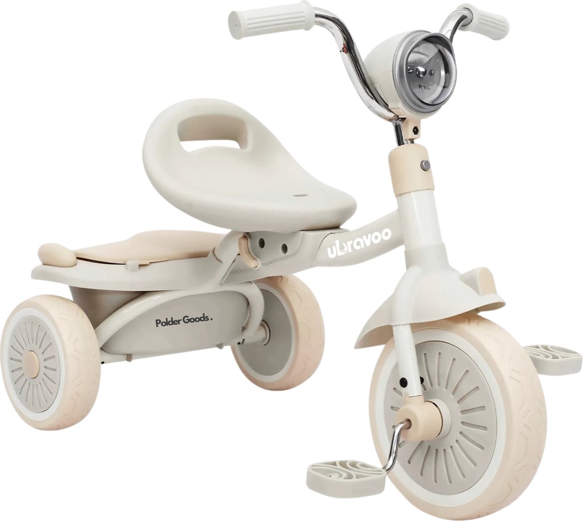 PolderGoods - Baby fiets - kinderen fietsen driewielers - Opvouwbare Peuter Driewieler met Pedalen - Met lamp & bakje - Comfortabele Zitting - Beige (8721129211512)