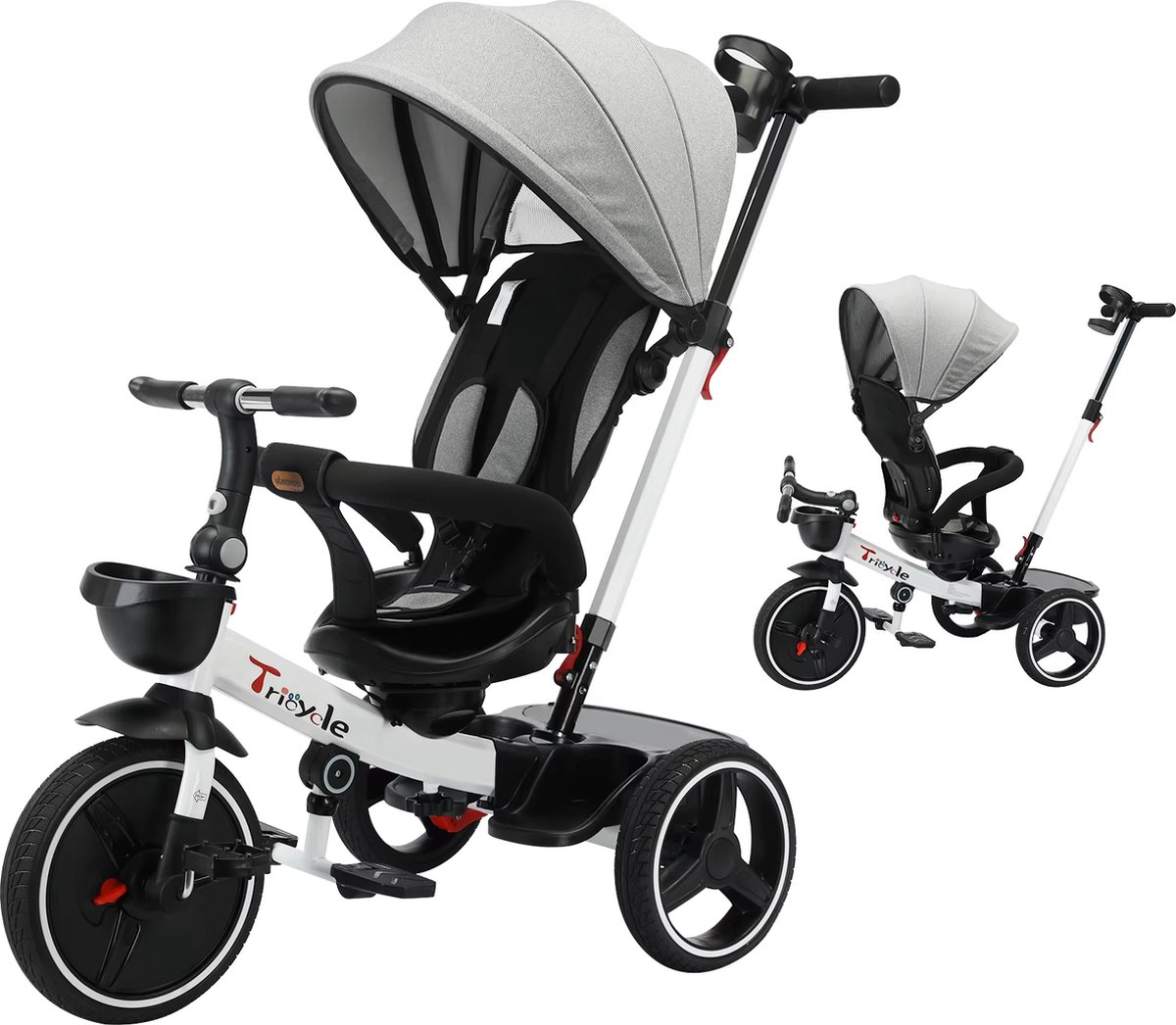 6 in 1 Driewieler - Kinderwagen - Driewieler Fiets - Met Duwstang - 360 Graden Rotatie - Buggy - Fiets - Zonnescherm - Kinderzitje - Wit - Grijs - Draaibaar Zitje - 6 Maanden Tot 5 Jaar - Met 3-Punts Gordel - Tot 30kg (9506785441249)