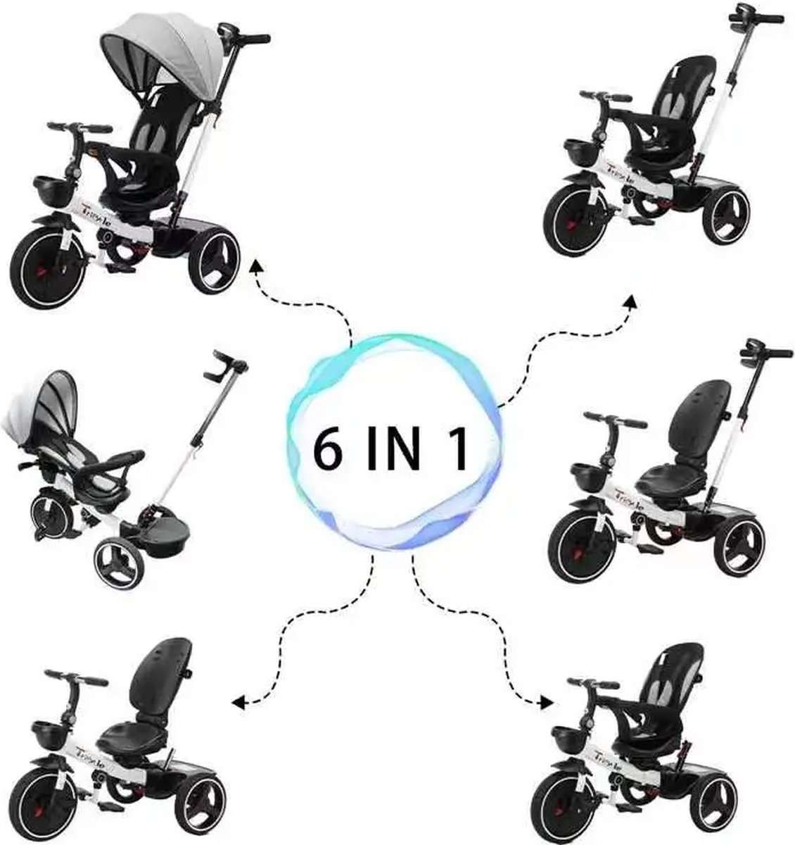 Decotopia - 6 in 1 Driewieler - Buggy - Fiets - Duwstang - Zonnescherm - Kinderzitje - Zwart-Wit - Draaibaar Zitje - 9 Maanden Tot 4 Jaar (6150931824887)