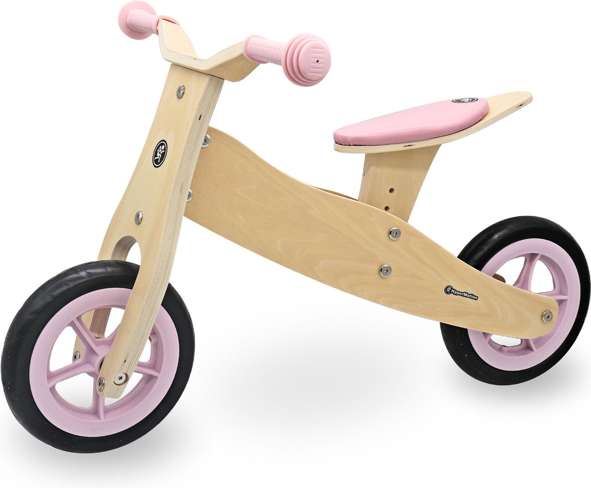 HyperMotion Houten driewieler voor een kind vanaf 18 maanden, kinderloopfiets 2-in-1 PERCY, fietsen voor peuters, loopfiets voor een jongen en een meisje vanaf 2 jaar, verstelbare zitting, roze (5900168937741)