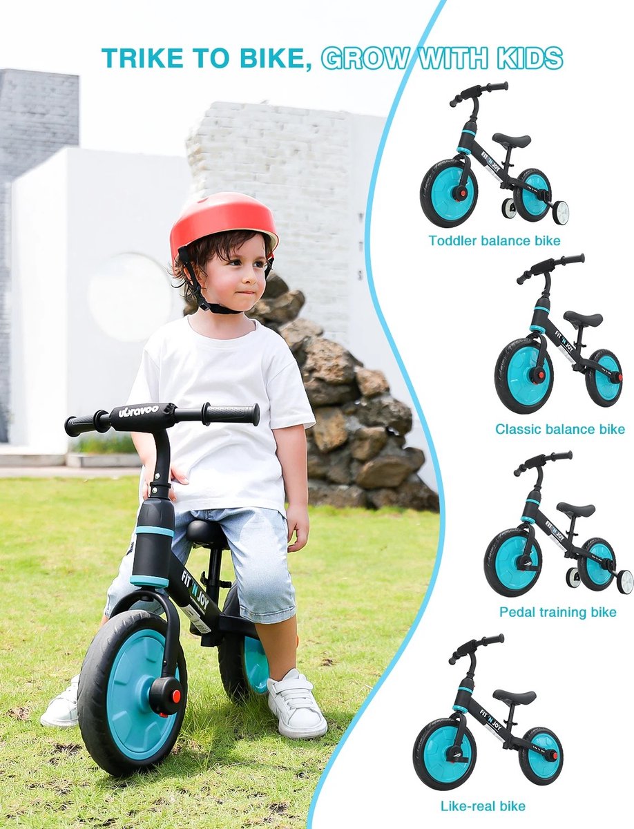 Sattire - 4 in 1 Loopfiets jongens 2 jaar tot 5 jaar- peuterfiets - Verstelbaar zadel - Met Pedalen en Zijwieltjes - Maximaal Gewicht 30kg (6150834817832)