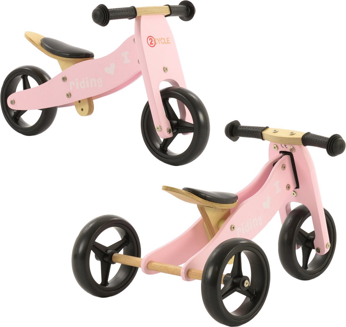 2Cycle 2 in 1 Loopfiets/Driewieler - Hout - Jongens en Meisjes - 1 Jaar - Speelgoed - Roze (8718836677205)