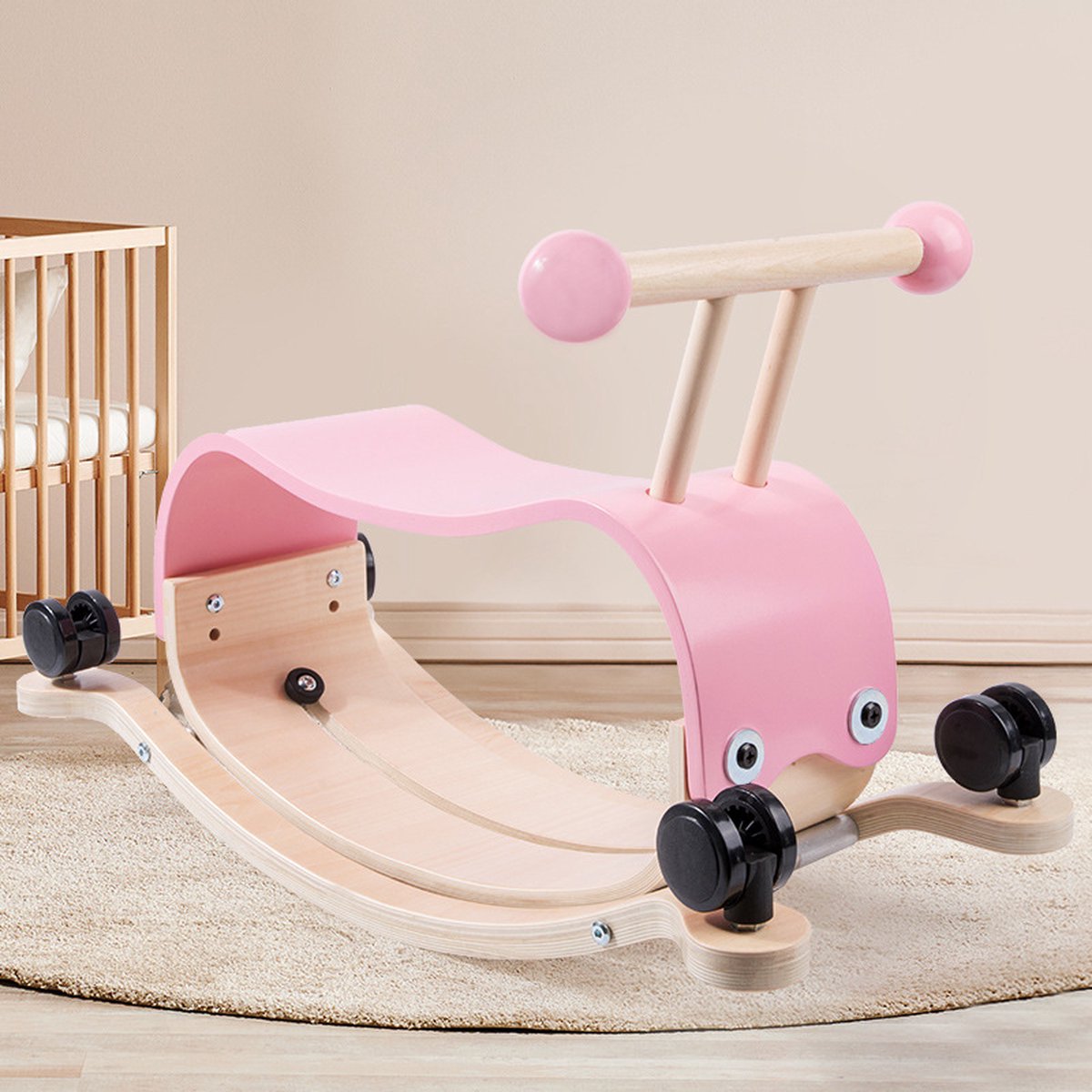 3-in-1 Houten Loopfiets/Loopauto - Eenvoudig om te Bouwen tot Hobbelpaard/Schommelstoel Zonder Gereedschap Roze (8718674315598)