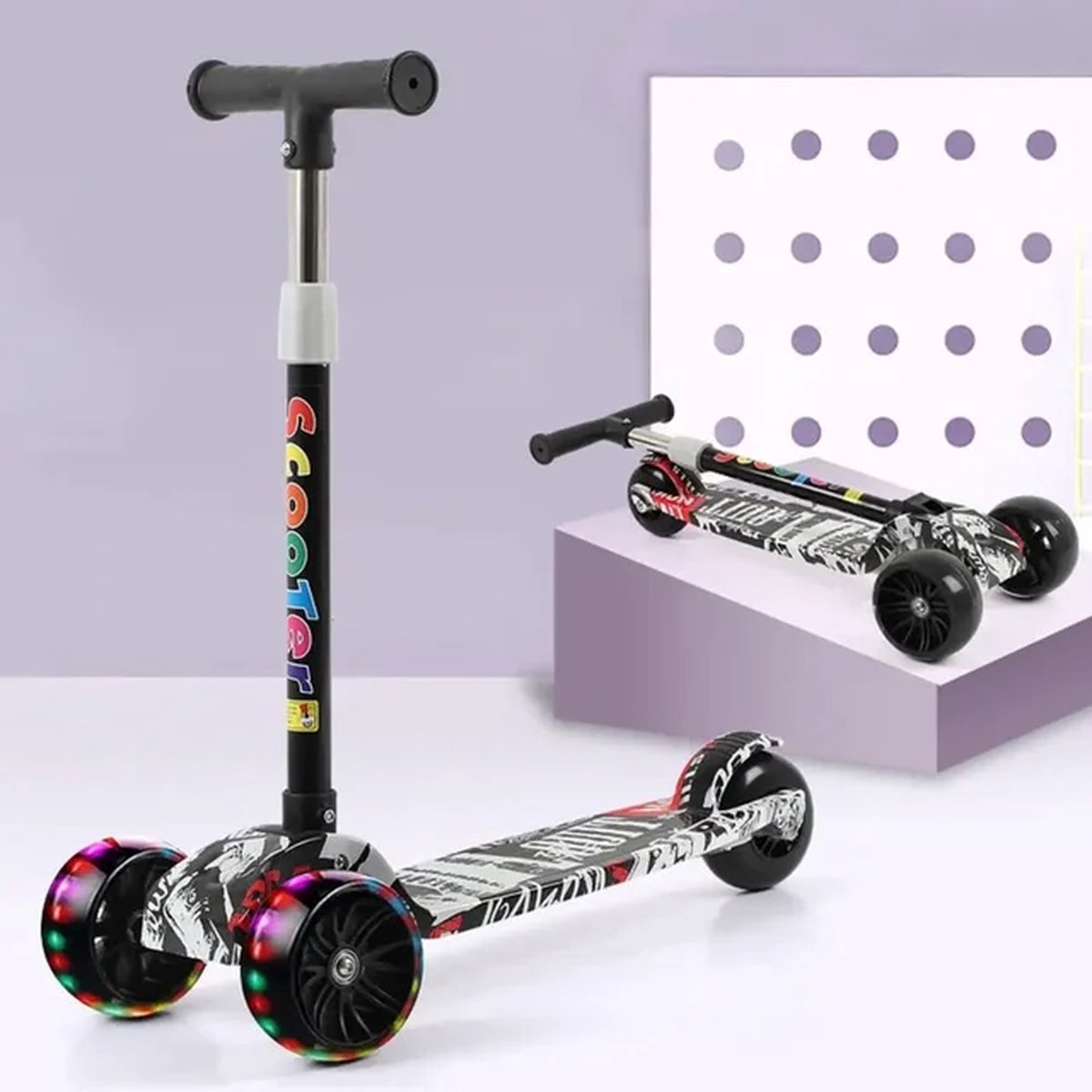 Scooter Kinderstep 3 Wielen voor Meisje/Jongen 3-12 jaar - Zwart/Wit- Step met 3 Lichtgevende Wielen - Opvouwbaar - PUI + Staal Aluminiumlegering (6151024079023)