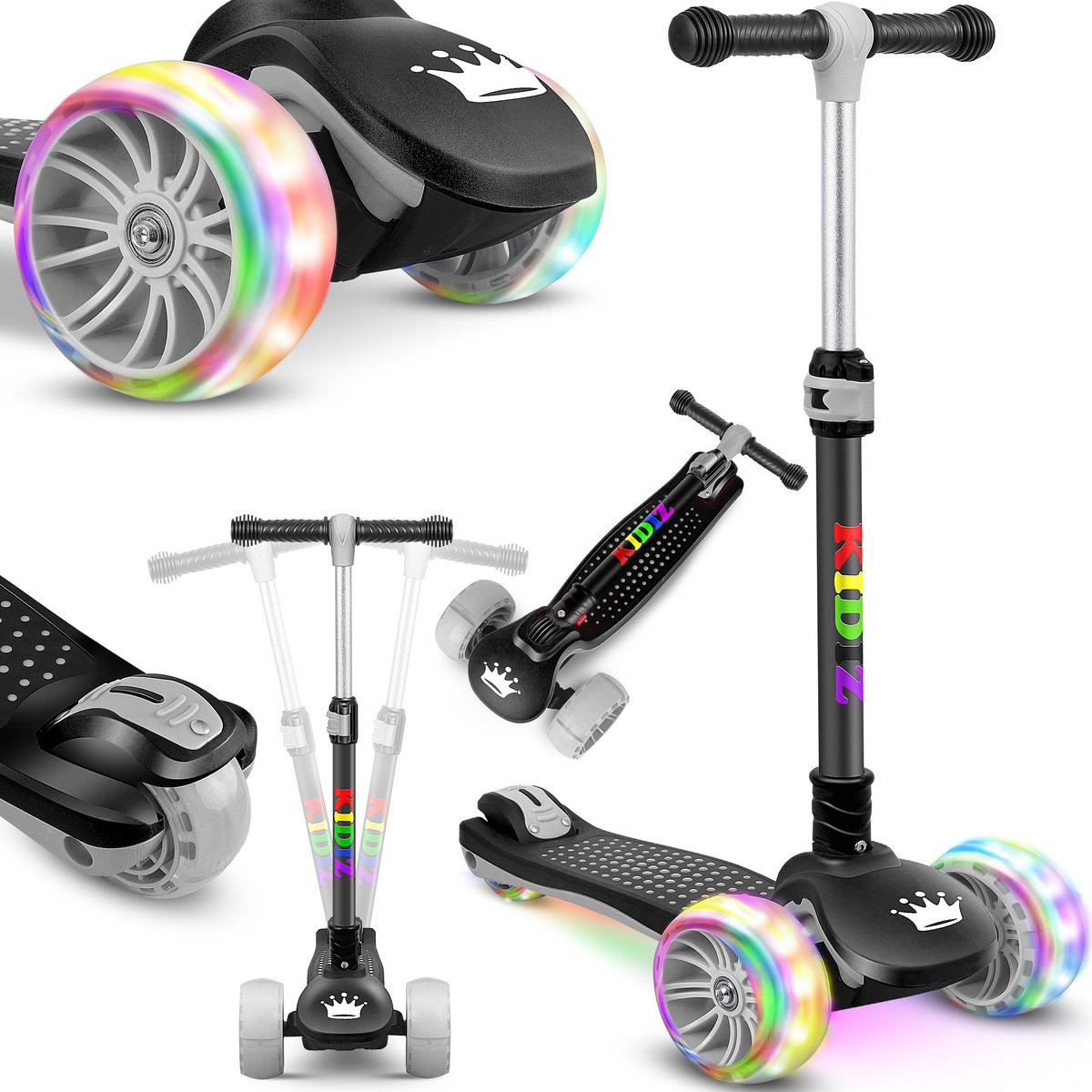 KIDIZ® Kinderstep - 3 wielen Step - Scooter - Kinderscooter X-Pro2 met PU LED oplichtende wielen Opvouwbaar pedaal Kinderstepjes in hoogte verstelbare City Scooter voor jongens en meisjes 3-12 jaar - Zwart (4260692713510)