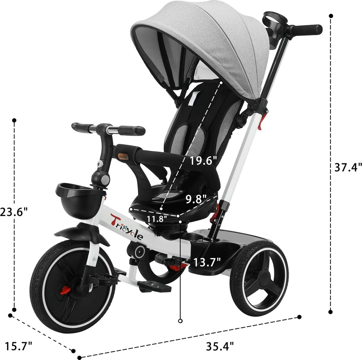 MartiCo® Kinder driewieler - Kinderwagen - Driewieler fiets - Duwfiets - Op 6 verschillende manieren te gebruiken - Met rugleuning - Met bekerhouder - Geschikt voor kinderen 1-5 jaar - Tot 30 kg belastbaar - Grijs (8721264270689)