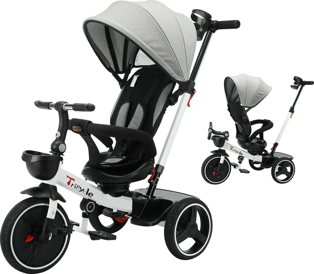 Mygroot - 6 in 1 Driewieler - Kinderwagen - Driewieler Fiets met Duwstang - 360 Graden Rotatie - Buggy - Fiets - Kinderzitje - Draaibaar Zitje - Met 3-Punts Gordel - 6 maanden tot 5 jaar (8721246711469)