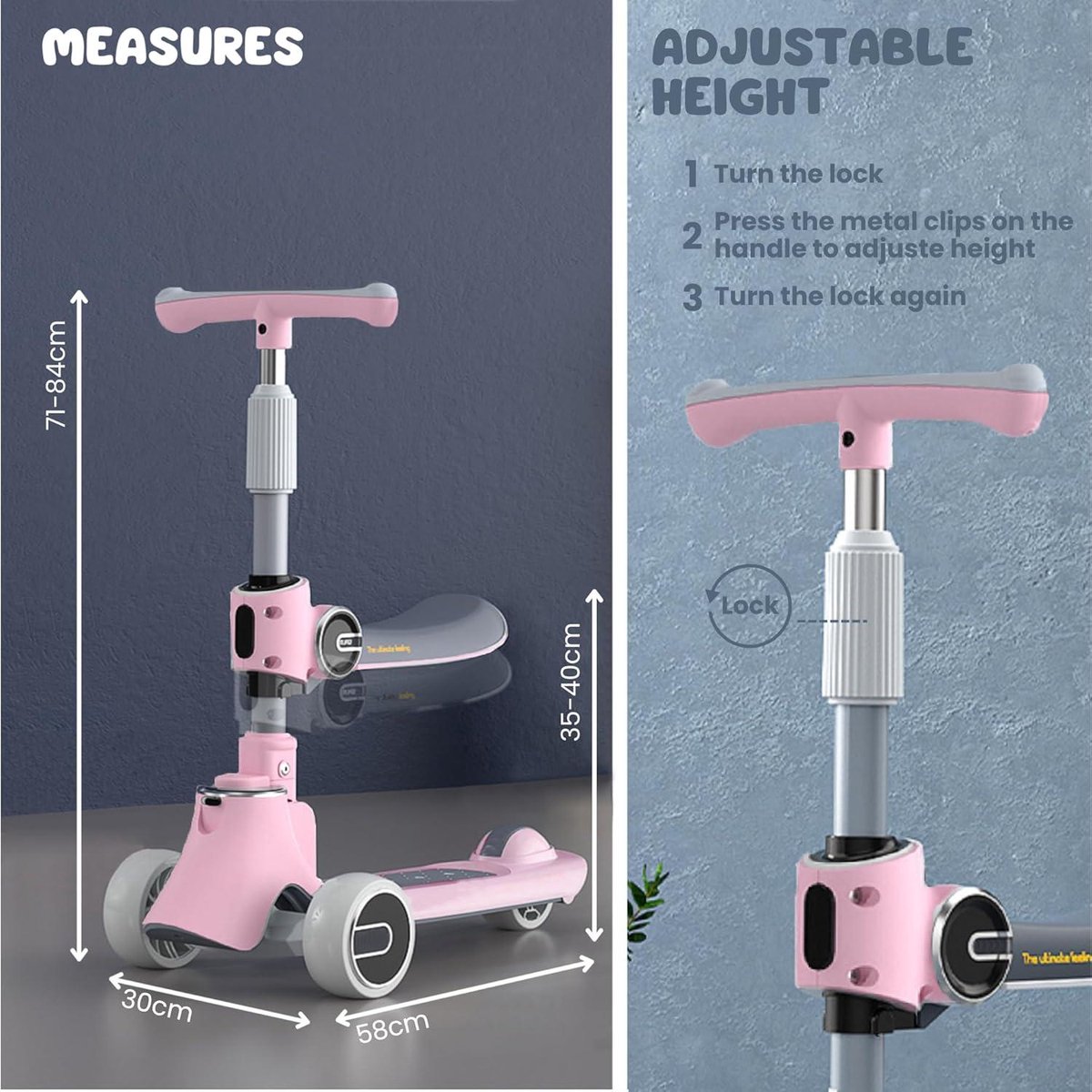 Opvouwbare Kinderscooter met LED-verlichting - 3 PU-wielen - 4 verstelbare hoogtes - Maximale Belasting 50 kg - Zitje voor Kinderen 3-12 jaar (8785305991278)