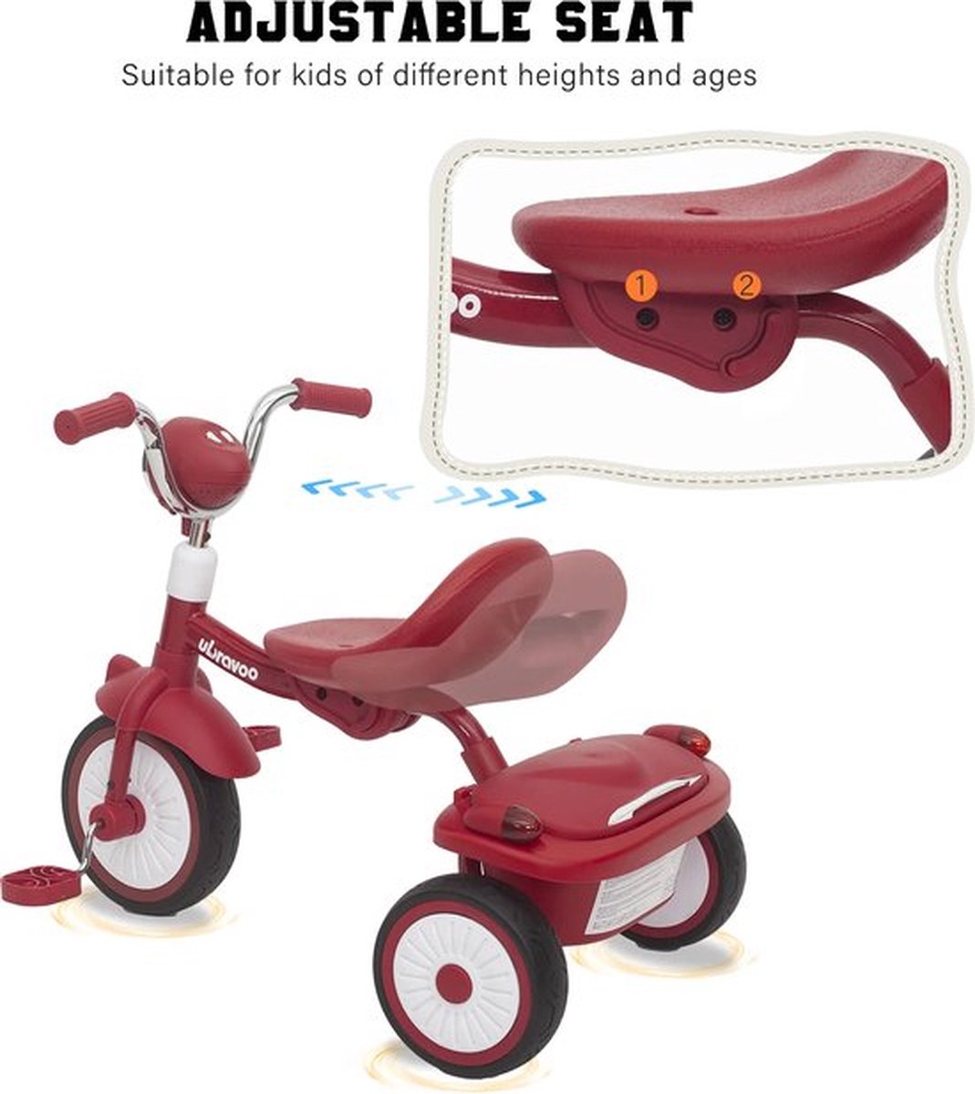 Driewieler - Peuterfiets - Loopfiets - Opvouwbare Peuterfiets - PU Wielen met Schokabsorberend Effect - Stoere Verlichting - 2 tot 5 Jaar - Rood (8785307013336)