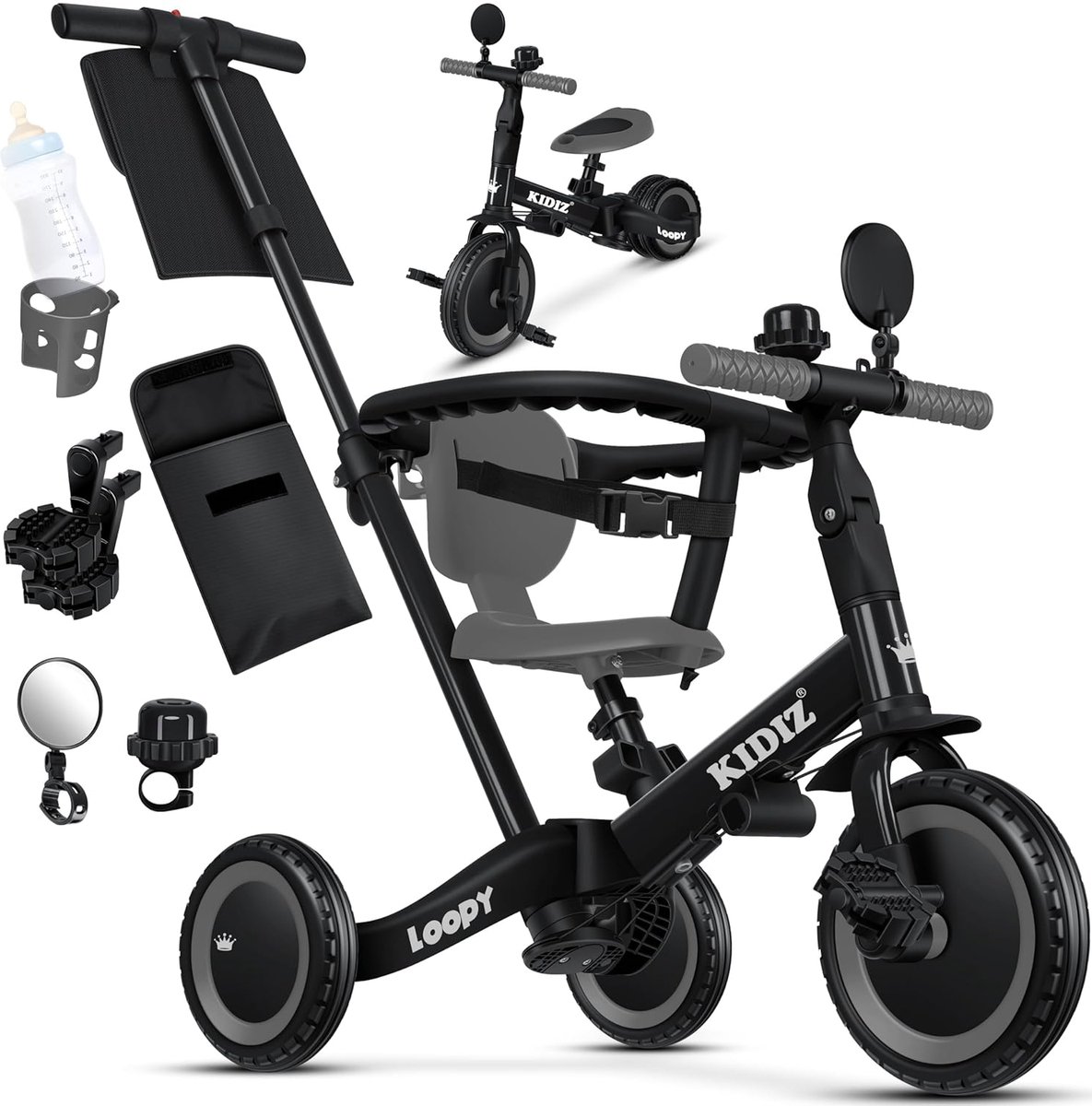 KIDIZ® 6-in-1 loopfiets, loopfiets, kinderdriewieler vanaf 1 jaar tot 5 jaar, loophulp, belastbaar tot 25 kg, incl. stuurstang, veiligheidsbeugel, veiligheidsgordel, bel en spiegel (4255598343039)