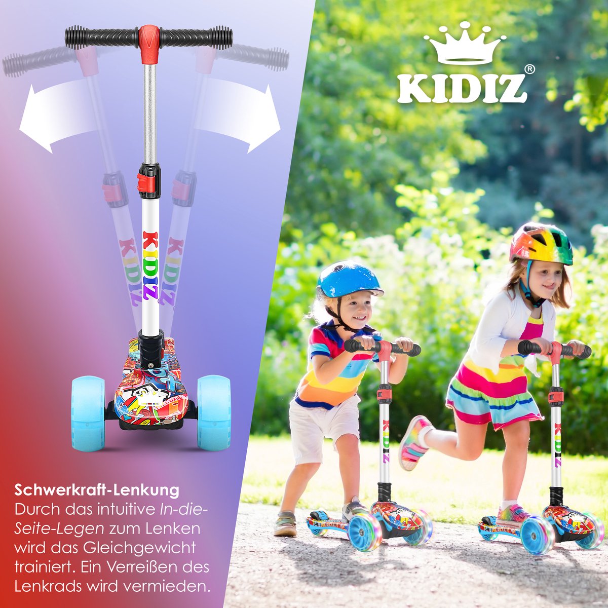 KIDIZ® Kinderstep - 3 wielen Step - Scooter - Kinderscooter X-Pro2 met PU LED oplichtende wielen Opvouwbaar pedaal Kinderstepjes in hoogte verstelbare City Scooter voor jongens en meisjes 3-12 jaar - Graffiti (4260692713558)