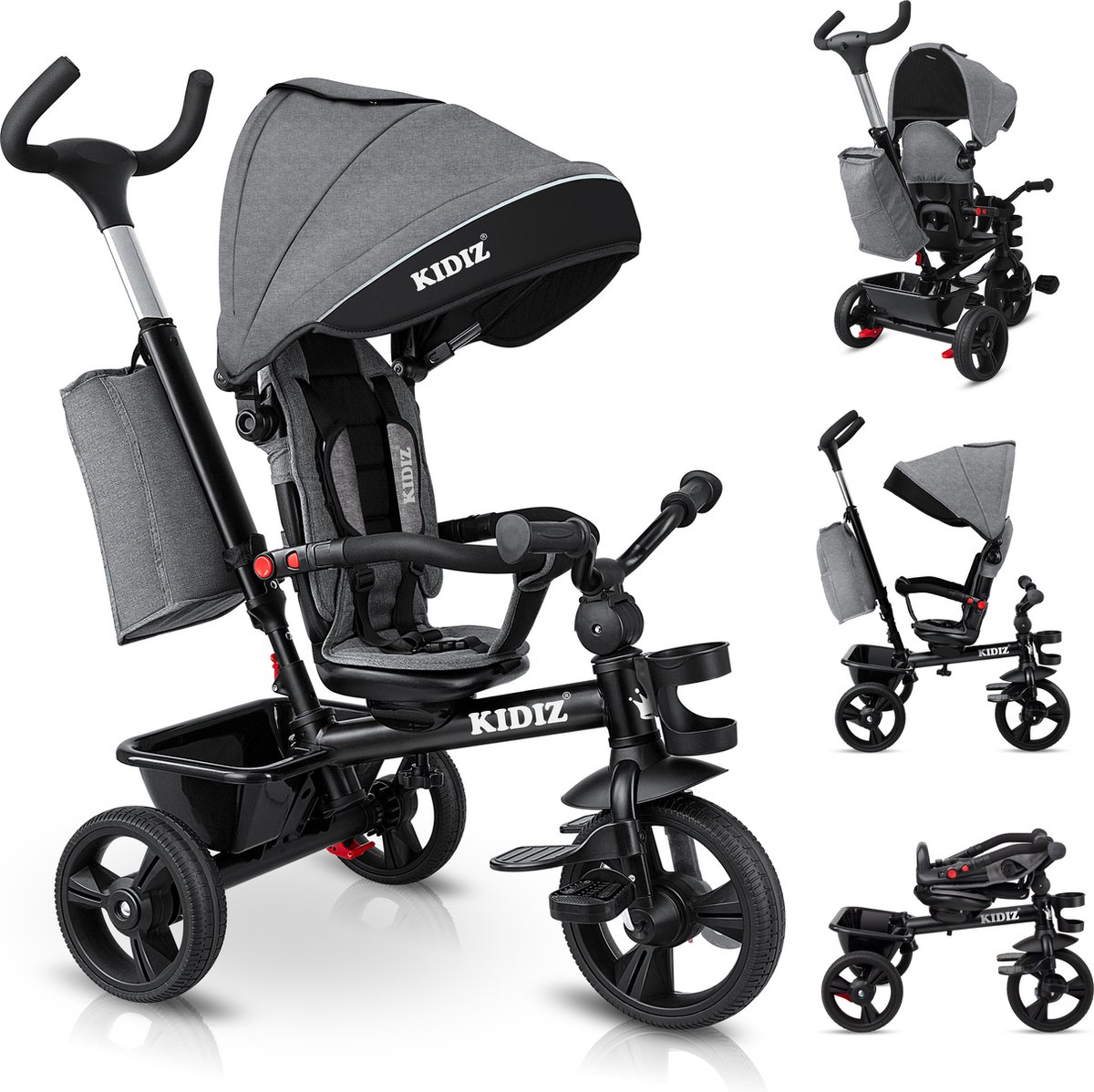 KIDIZ® Loopfiets Driewieler 5in1 Kinderfiets kinderdriewielerfiets 1 jaar vooruit en achteruit Jogger , mand tas drinkhouder zonnekap rubberen wielen, buggy fiets baby opvouwbaar driewielfiets - Grijs (4260692710113)