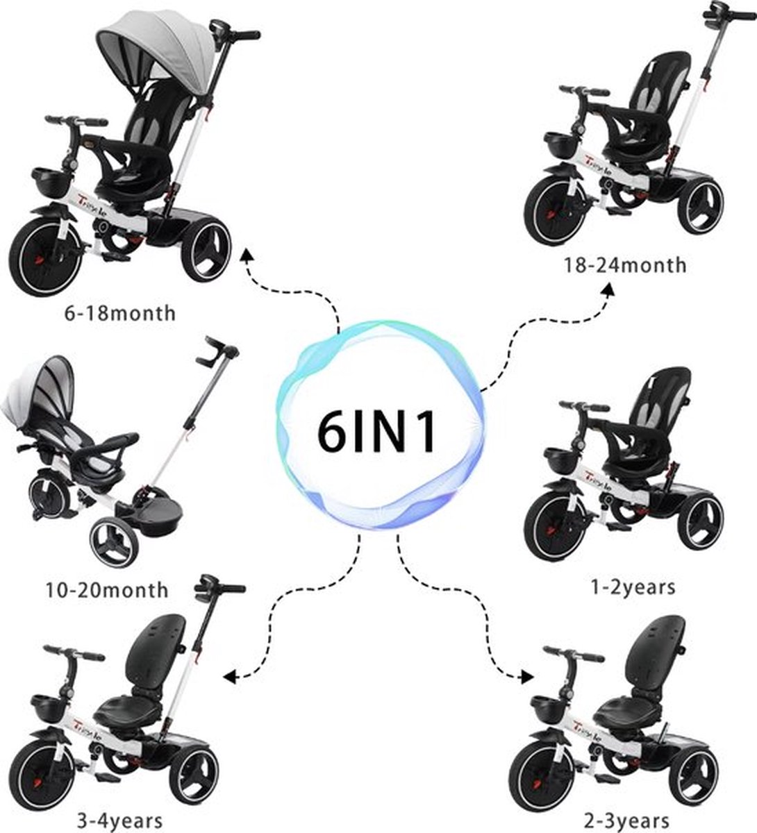 Mrs. Jones Driewieler - 6 in 1 Driewieler - Meegroei driewieler - Vertelbaar - Duwstang - Wit/Grijs/Zwart (8785307078458)