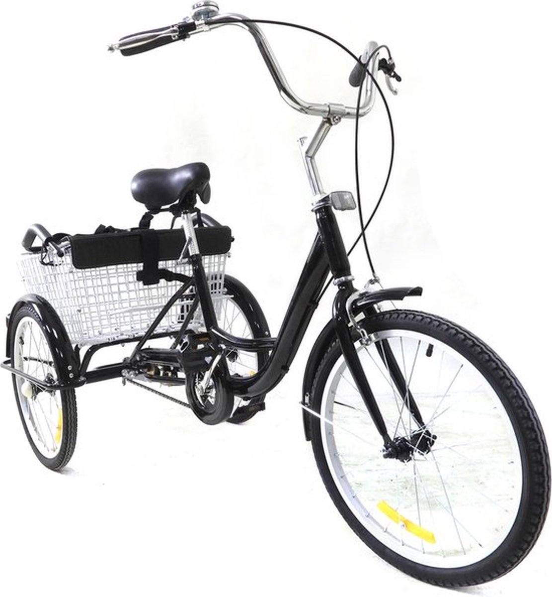 Mrs. Jones® - Driewieler voor Volwassenen - 20 Inch - Verstelbaar Zadel & Stuur - Grote Mand + Kinderzitje - Reflecterende Pedalen - Modern Design- tot 120 kg - Zwart (8785307041148)