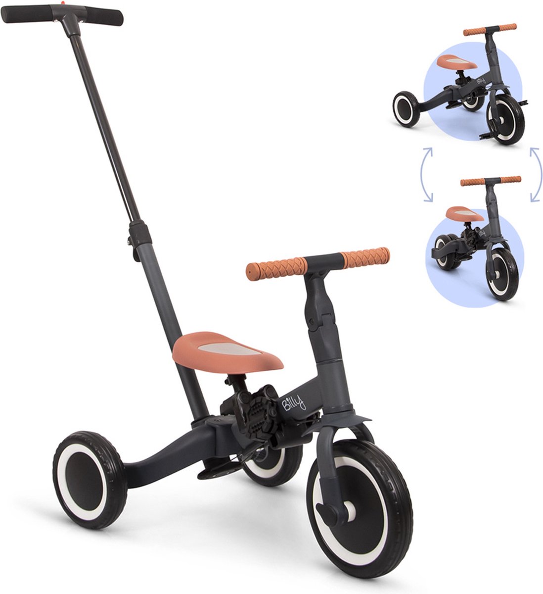 Billy 4 in1 Driewieler met duwstang - Kinderfiets - Loopfiets - Balance Bike - Gio - Grijs (5404016475046)