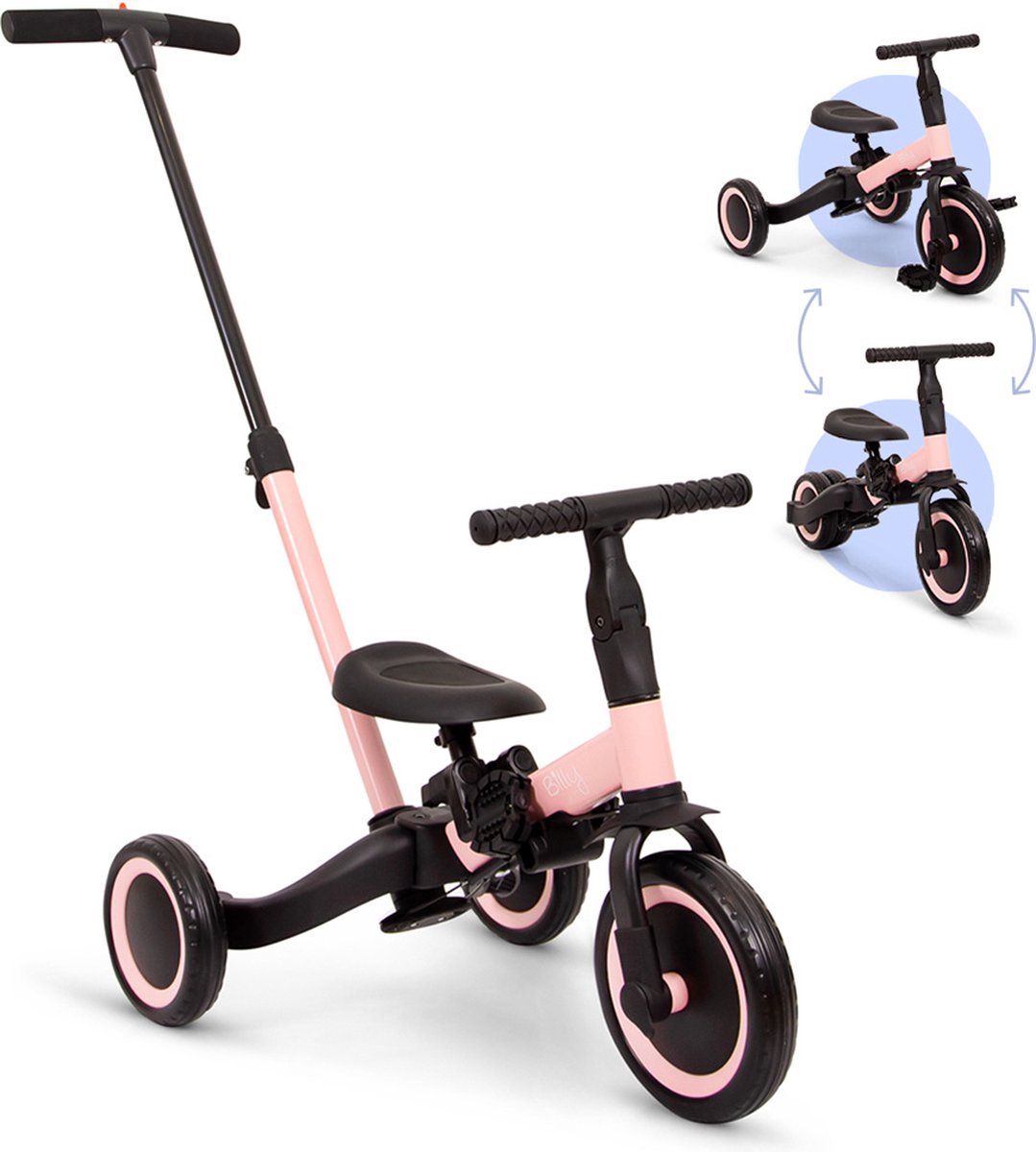 Billy 4 in1 Driewieler met duwstang - Kinderfiets - Loopfiets - Balance Bike - Gio - Roze (5404016475053)