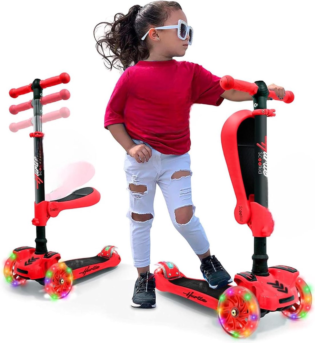 Hurtle Kinderstep, 3-wiel Step, Opvouwbare Scooter met Verstelbare Hoogte, Antislip Platform, LED Verlichte Wielen, Step voor Meisjes (0842893123233)