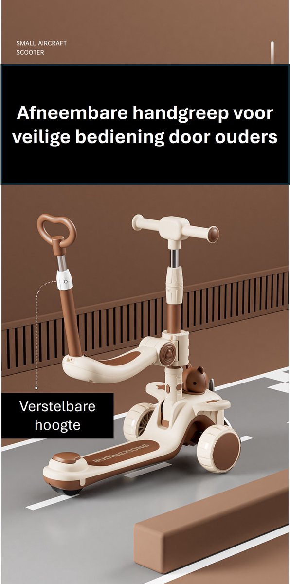 2-in-1 Kinderstep met Schattig Berenontwerp & Windmolen - Zithulp + Stepfunctie voor 2-12 Jaar - Opvouwbaar met PU Wielen, Ouderstuur, en Antikantelontwerp- in Koffiebruin (6154554148160)