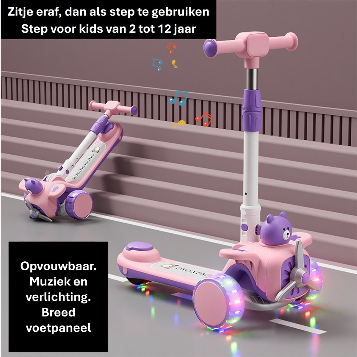 2-in-1 Kinderstep met Schattig Berenontwerp & Windmolen - Zithulp + Stepfunctie voor 2-12 Jaar - Opvouwbaar met PU Wielen, Ouderstuur, en Antikantelontwerp - In Roze (6154556527536)