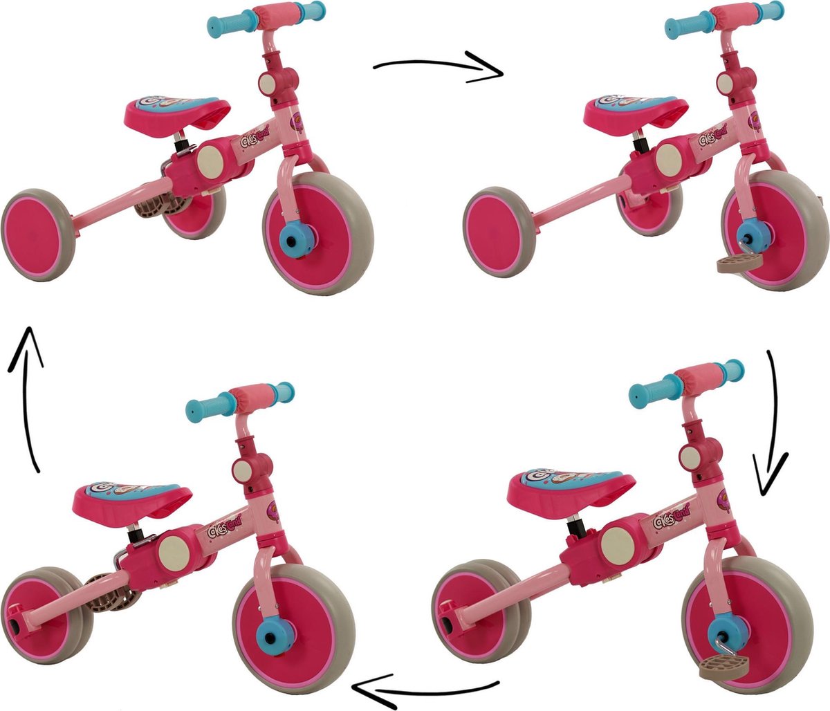2Cycle 4 in 1 Driewieler-Loopfiets - Roze (8718836101908)