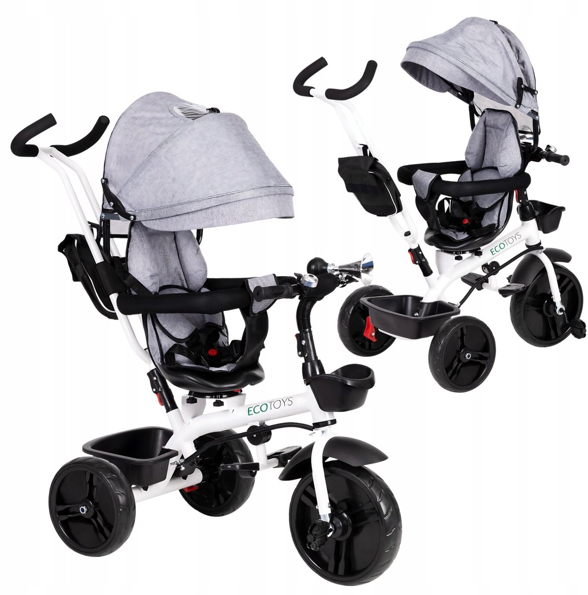 3-in-1 Kinderloopfiets met 360° Draaibare Zitting & Zonnekap - Grijs (5903769970636)