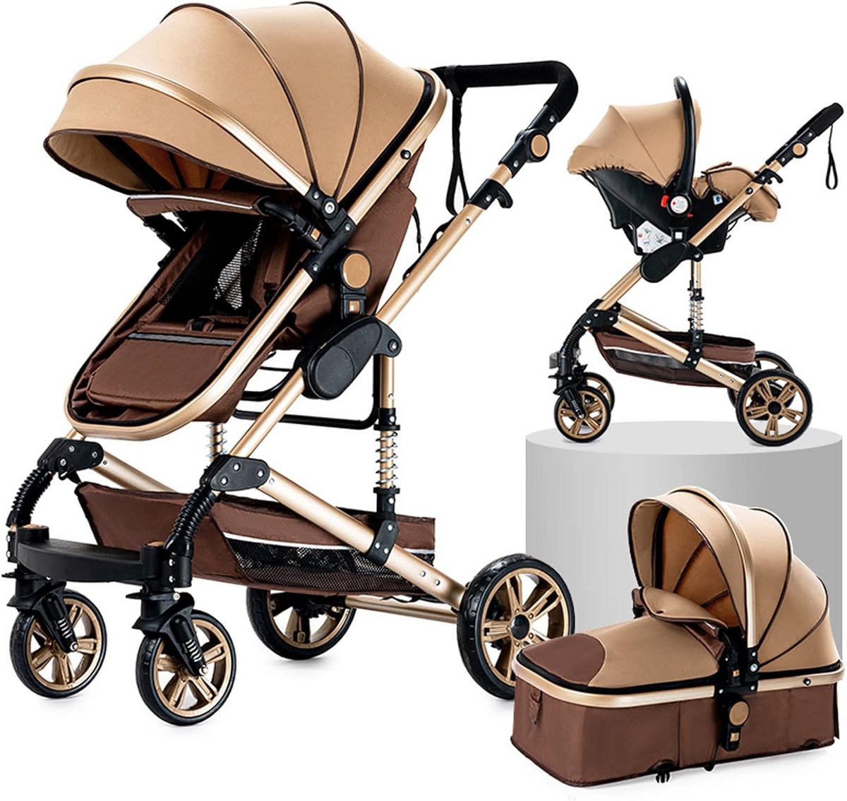 3-in-1 Kinderwagen Compleet Set met Omkeerbare Duwstang en Draagmand (9101027328830)