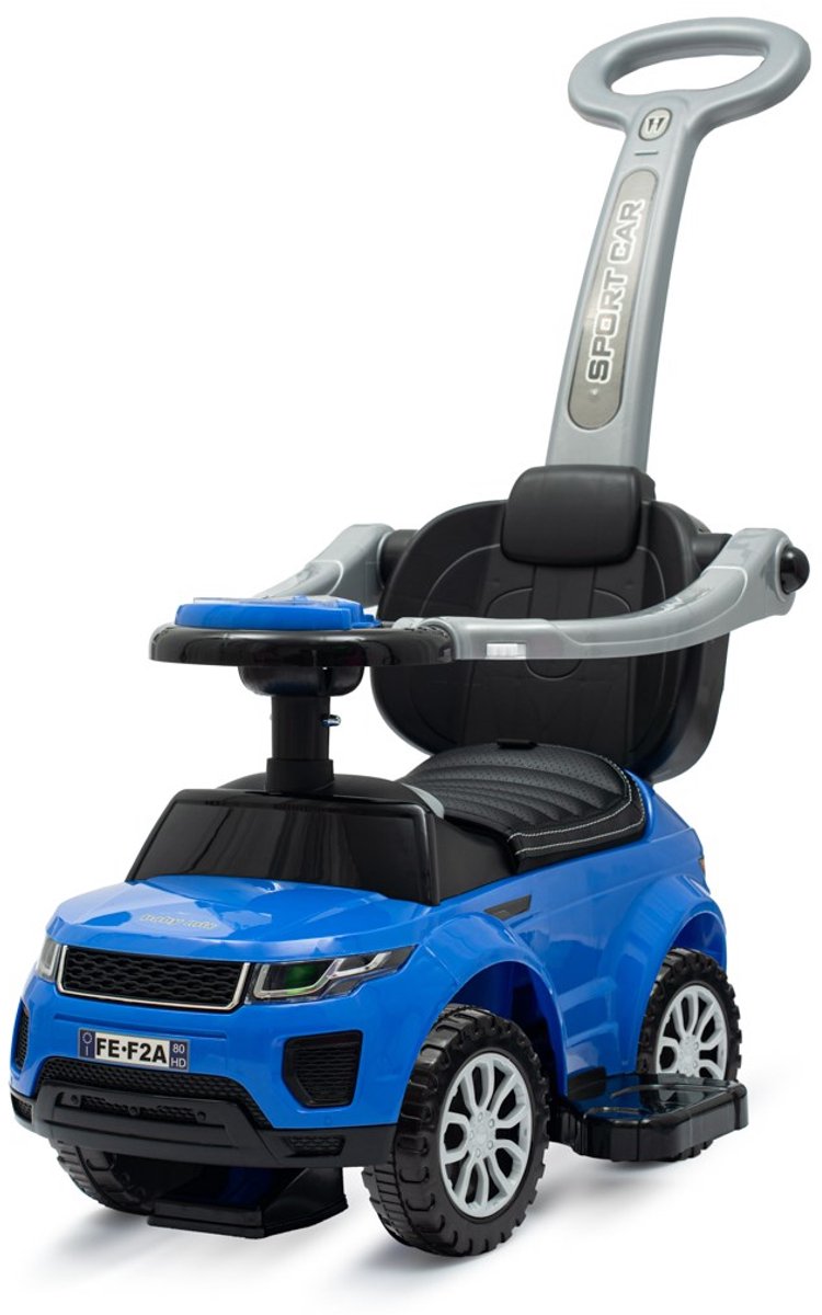 Baby Mix - Loopauto - Sportief Ontwerp - Duwstang - Veiligheidshek - Blauw met Zwarte Accenten - Speelgoedauto - Kindervoertuig - Auto met Stuur - Voor Binnen en Buiten (8596164165898)