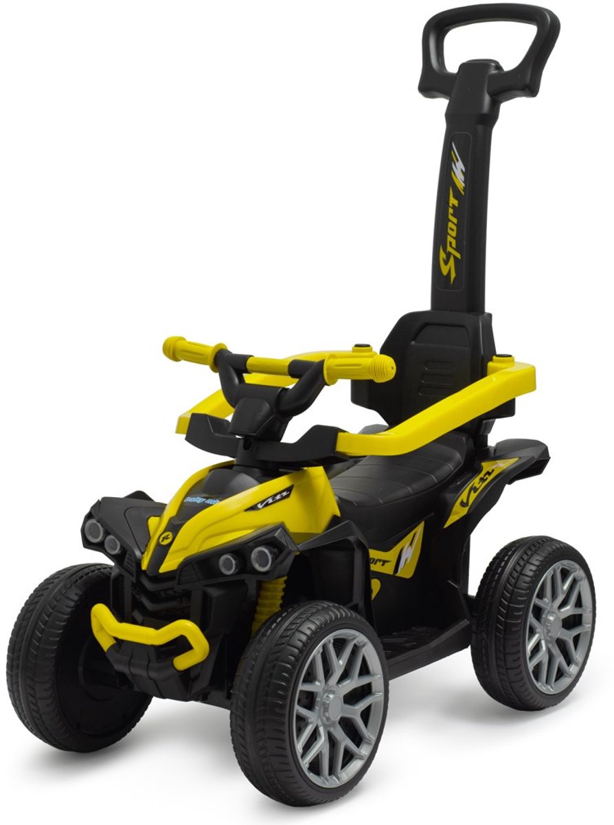 Baby Mix - Loopauto - kleine quad - geel met zwarte accenten - sportieve stickers - comfortabel zitje - peuterauto - kinderstep - duwstang - leren lopen - balans ontwikkelen (8596164159408)