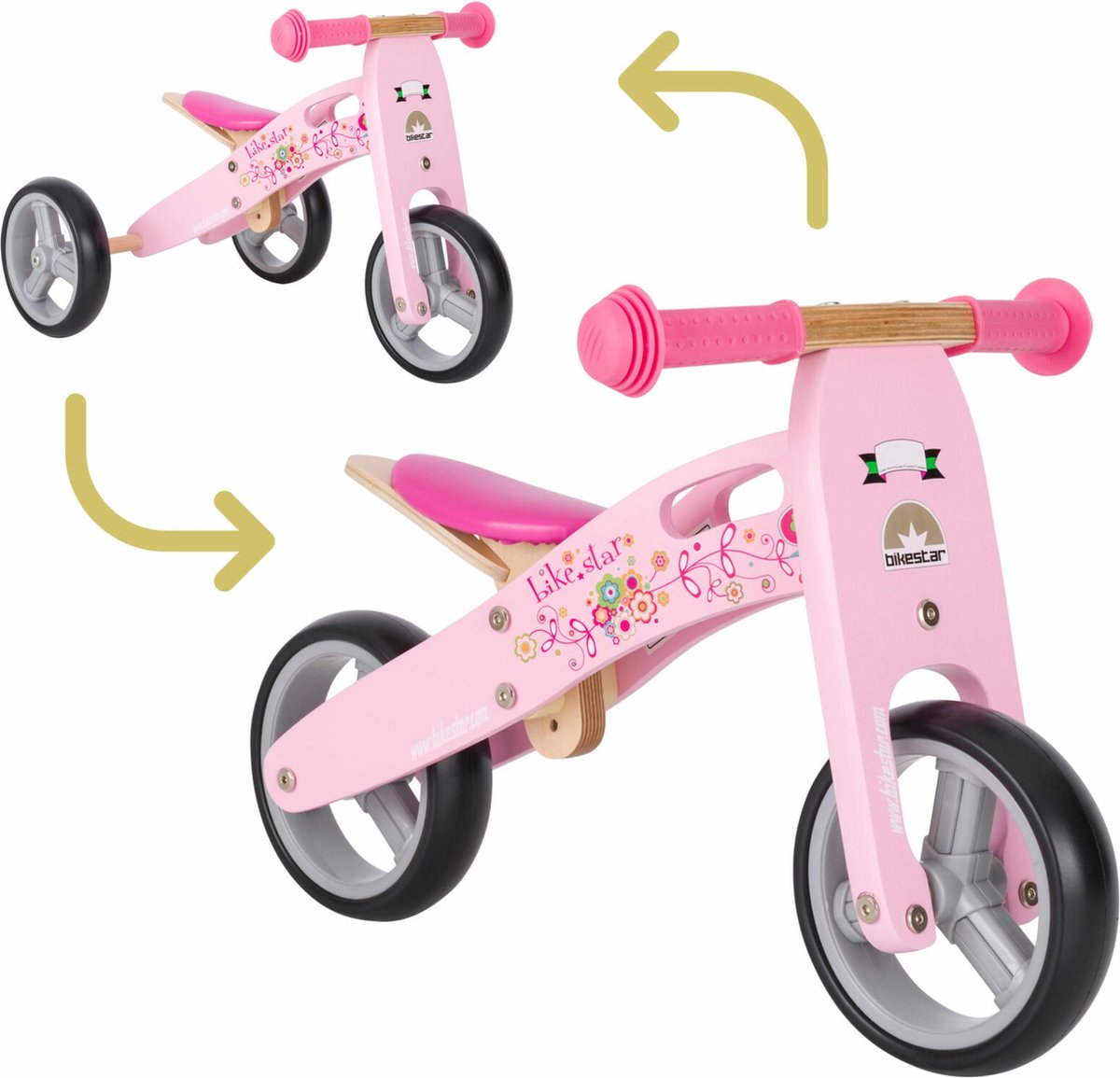 Bikestar mini loopfiets 2 in 1, hout, 7 inch, roze (4260184711529)