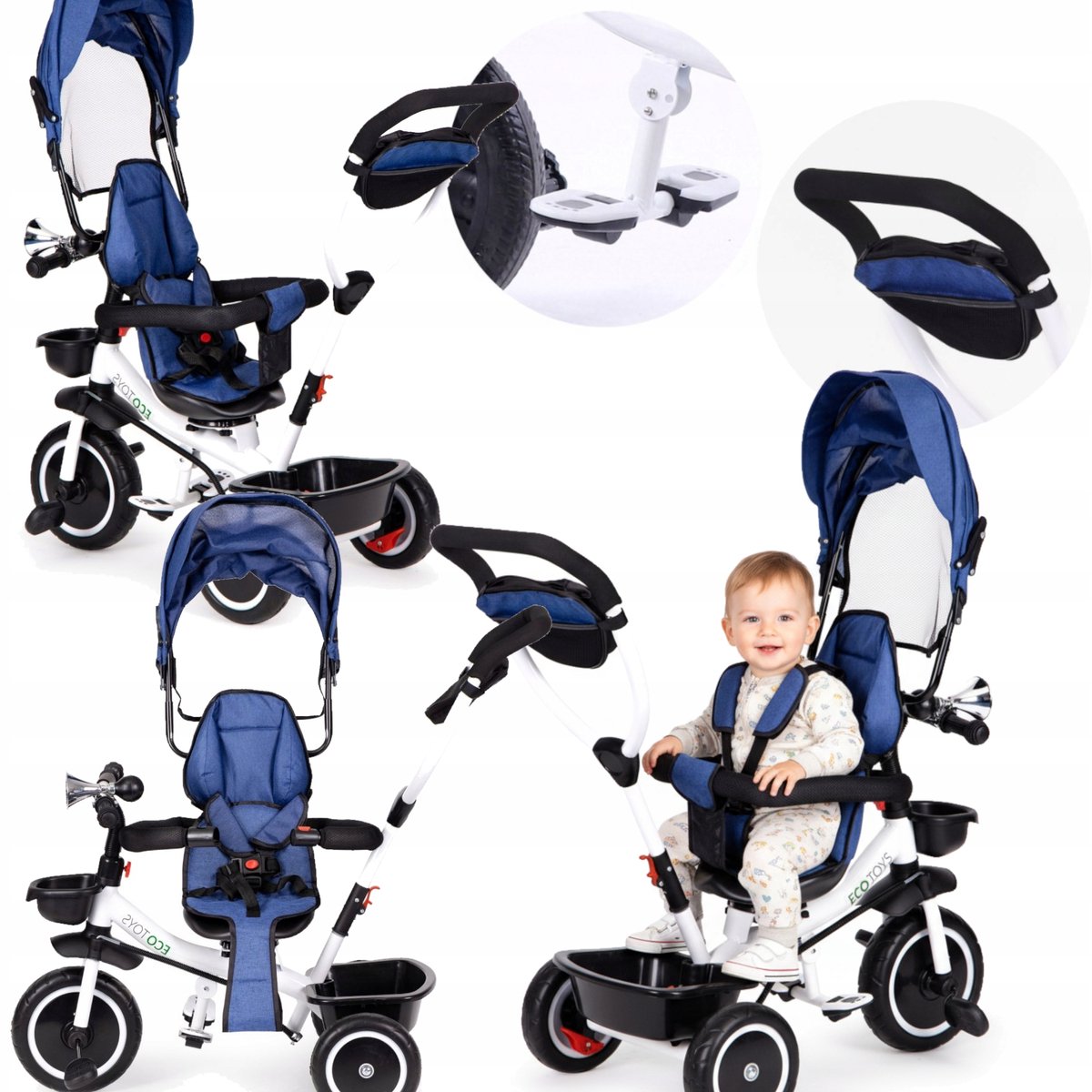 Blauwe Driewieler Kinderwagen met 360° zitting, zonnekap en veiligheidszitje (5901736866708)