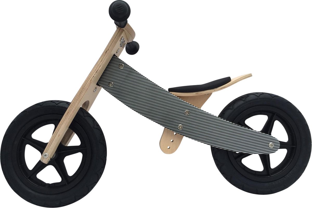 Broozzer luxe houten loopfiets CARBON FIBRE met ABEC 9 lagers en SPECIAAL gevulde rubberen luchtwielen 12 inch Zwart / Wit / Carbon (8718868713421)