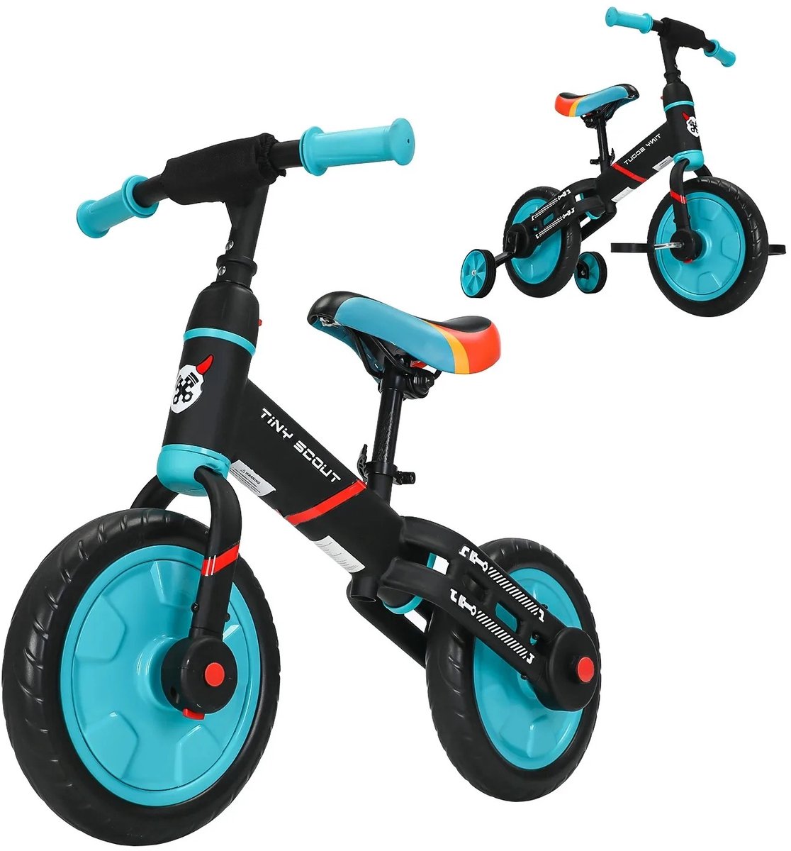 Buylin Loopfiets - 4 in 1 Loopfiets - Peuterfiets Met Steunwielen en Pendalen- Kinderfiets Verstelbaar - 3 tot 5 jaar - Koolstofstaal - 63x84x29cm - 11 Inch -Blauw/Zwart (8721284121886)