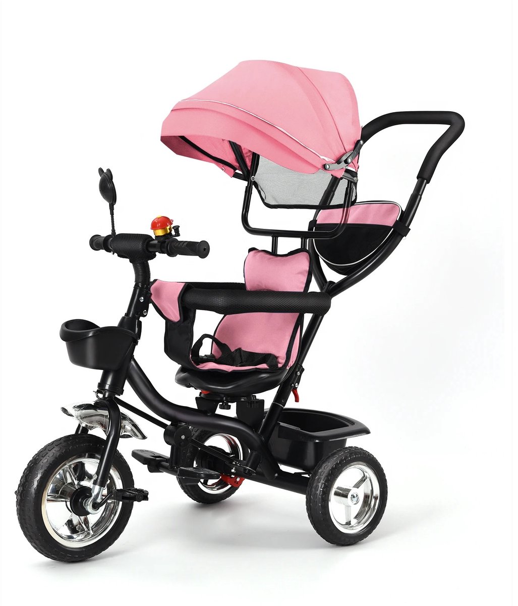 Carinova-Driewieler met duwstang-draaibare zitting- vooruit- en achteruitreizen- inklapbare luifel met zonwering-bekerhoudermand in set-kap (8721447320040)