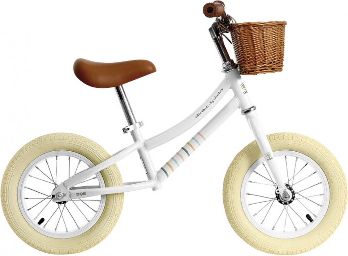 DeQube Loopfiets met Twee Wielen - Wit - Met Retro Mandje - Vanaf 2 Jaar - Inclusief Stickers en Bel - Vintage Design - 12 Inch - Met Handvatten van Leer (8436600331954)